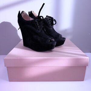 Miu Miu Black Peep Toe Wedge Bootie Sandals Black Zip Size 37.5